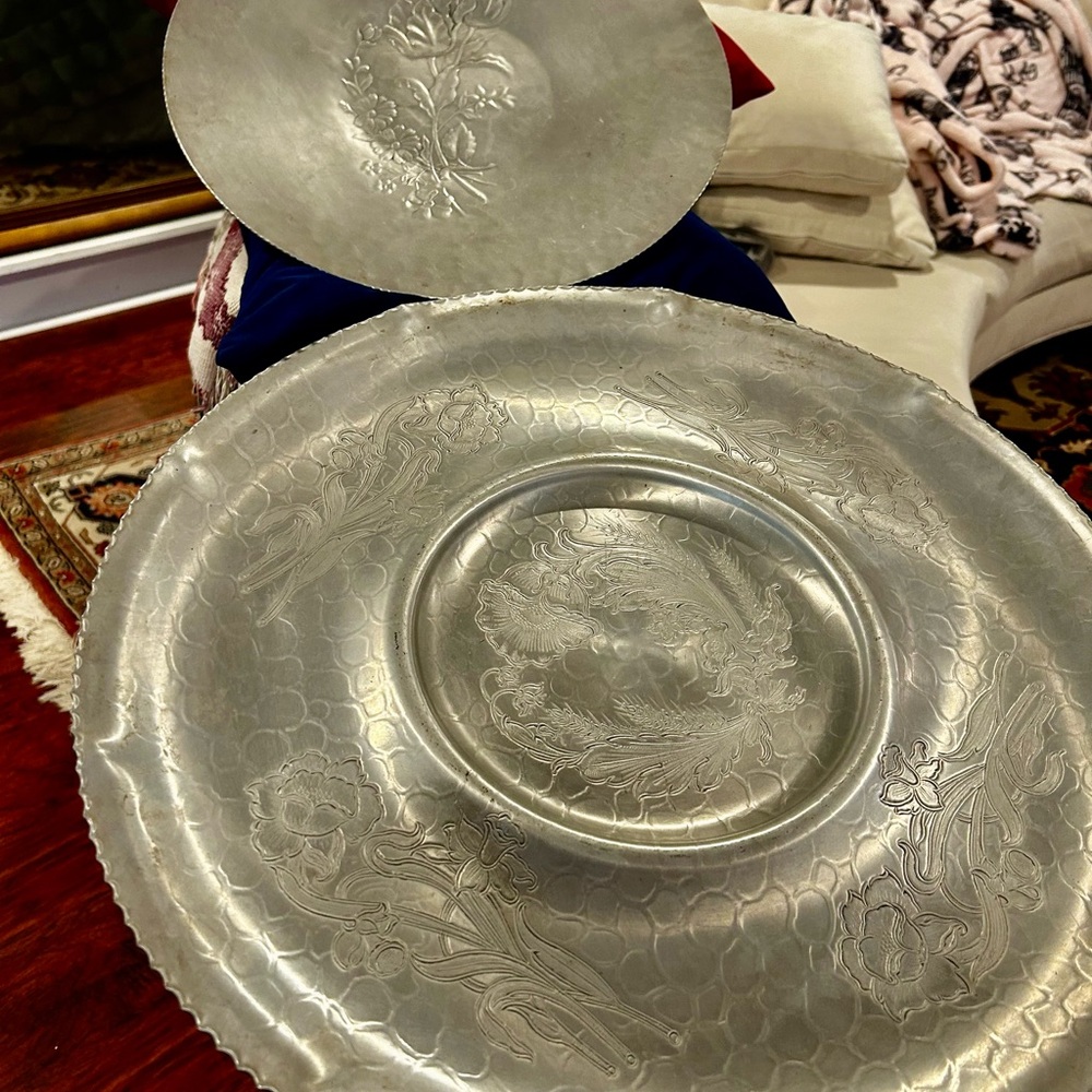 2 large vintage aluminum hand,forged.  etched silver platters